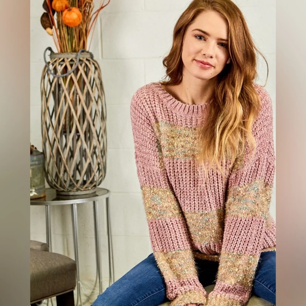 **Last One** Chenille Confetti Soft Knit Sweater, Pink & Gold Metallic Details - Picture 3 of 12